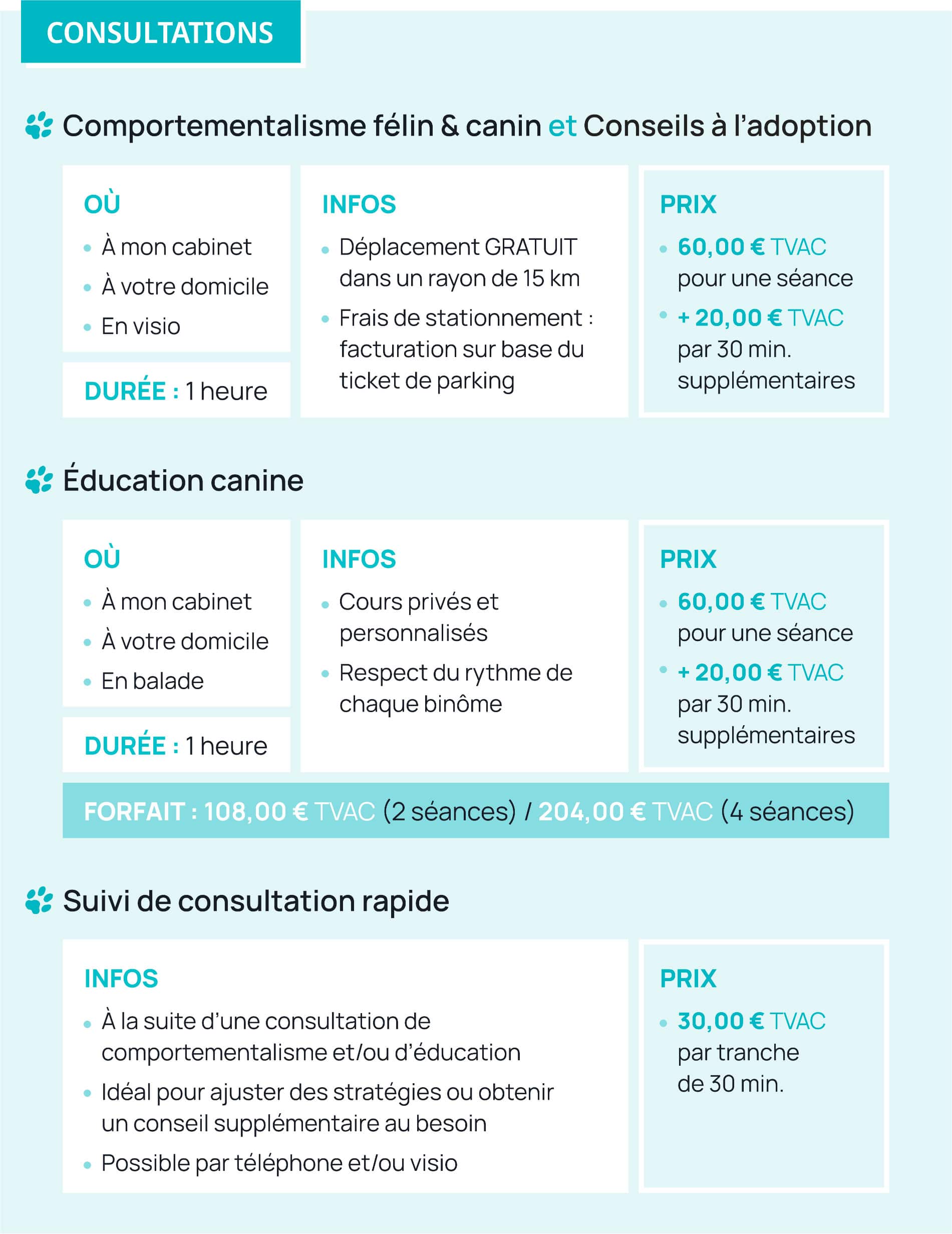 Tarif consultation Stephandco : comportementalisme, éducation canine et suivi consultation