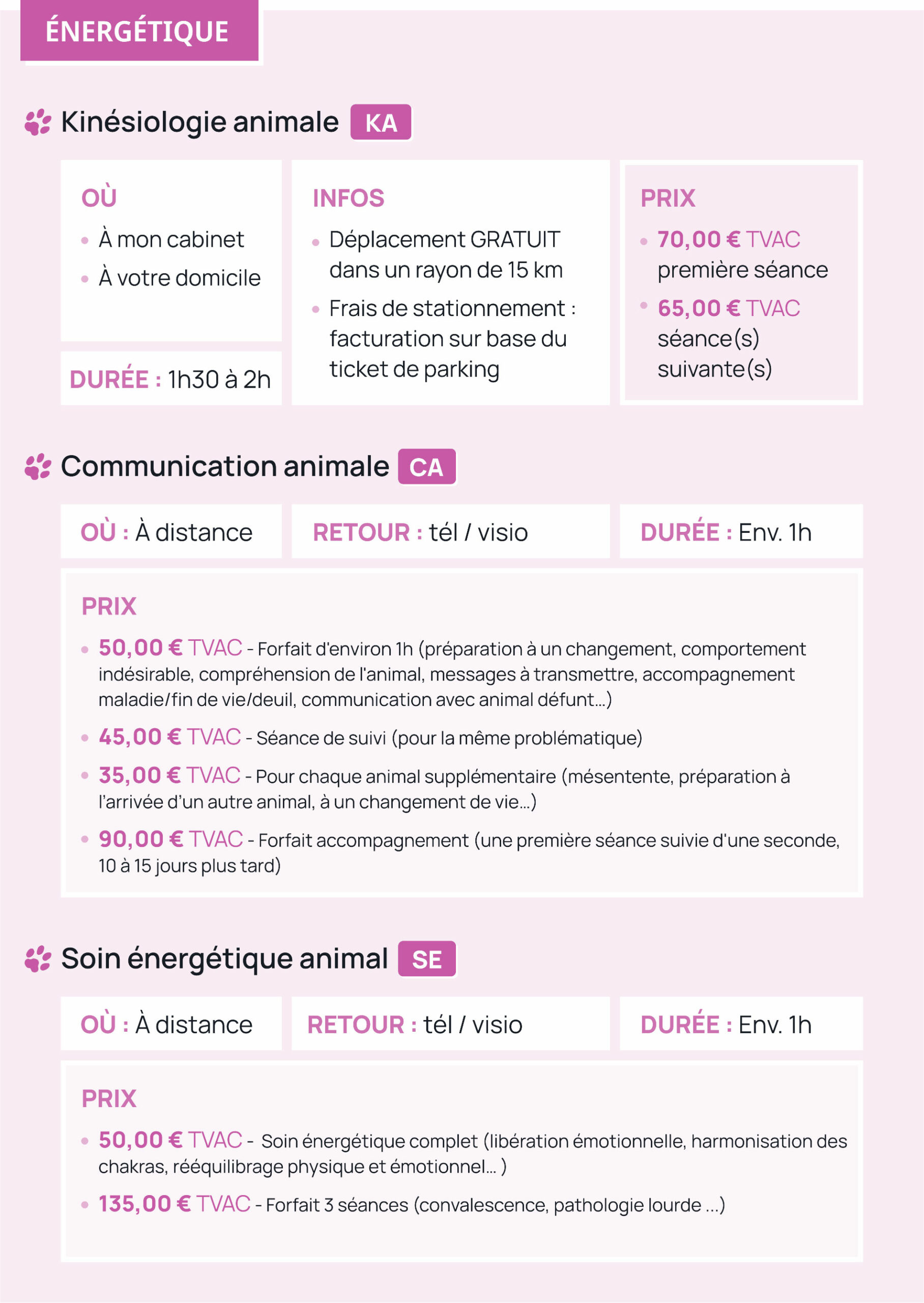 Tarif énergétique Stephandco : Communication Animale, Soins énergétiques, Kinésiologie Animale