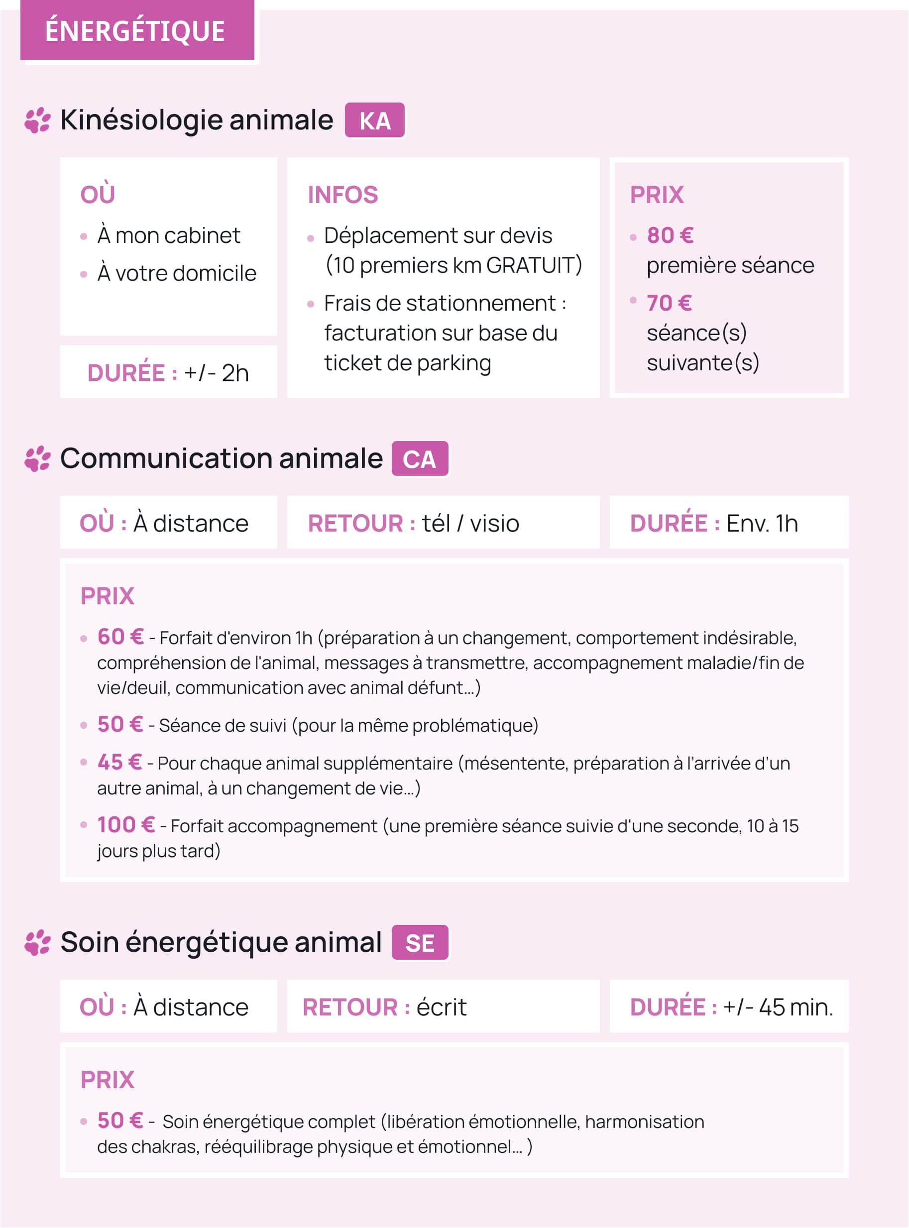 Tarif énergétique Stephandco : Communication Animale, Soins énergétiques, Kinésiologie Animale