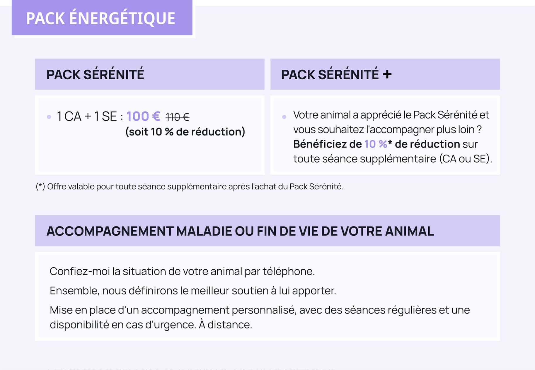 Tarif des packs énergétiques Stephandco : combinaison de : Communication Animale, Soins énergétiques, Kinésiologie Animale